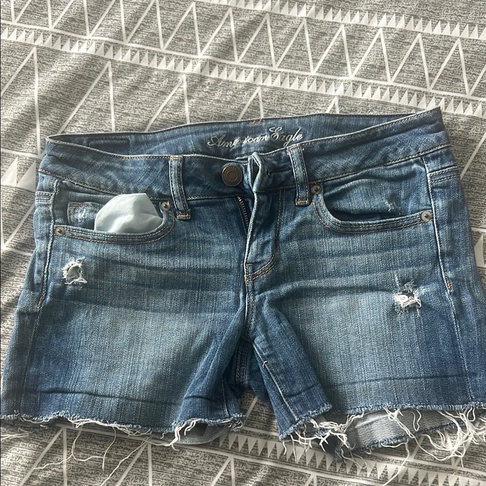 American Eagle Outfitters Blue Jean Shorts with Distressed Frayed Hem